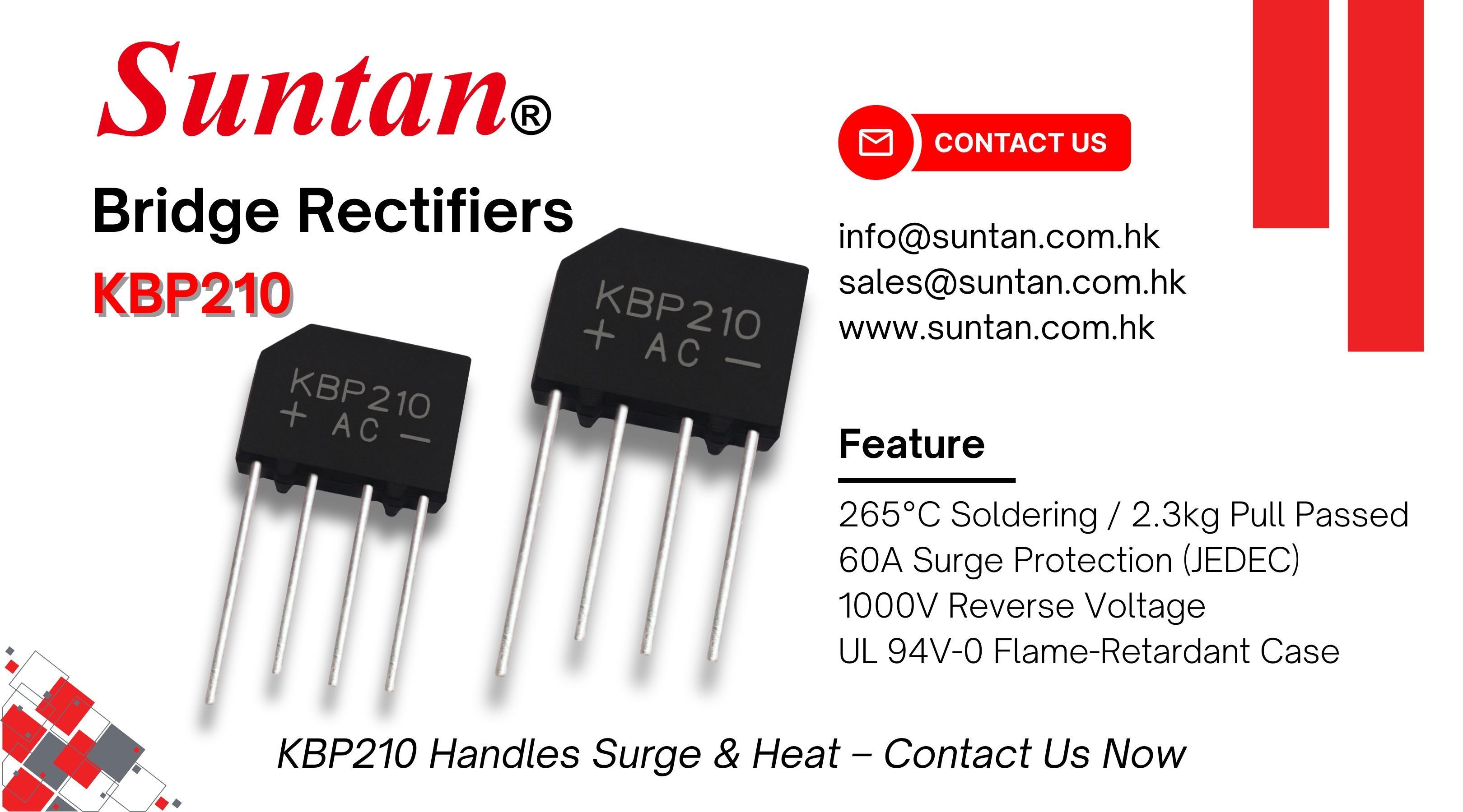 Stop Soldering Problems with KBP210 – Suntan Bridge Rectifier Qualified for 265°C Soldering Process
