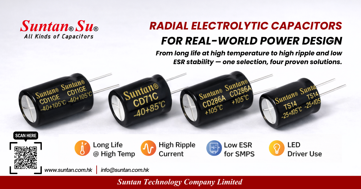 Radial aluminum electrolytic capacitors for high temperature and ripple current environments